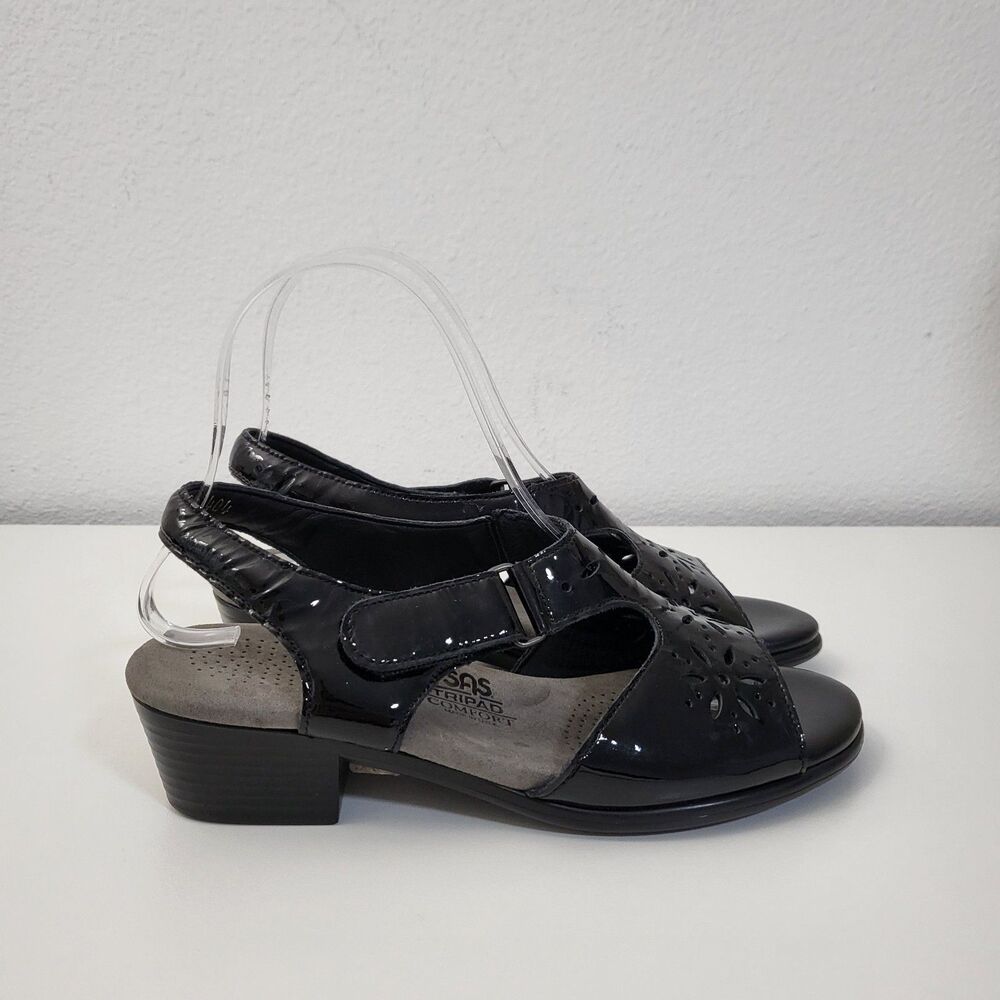 SAS Sunburst Sandals Womens 6.5 Black Patent Leather Tripad Comfort Slingback